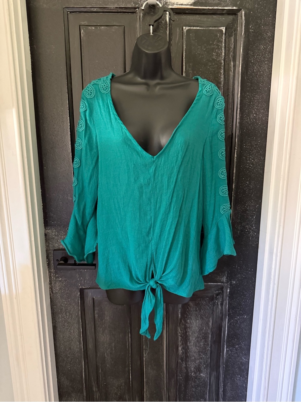 Women's Teal Tie-Front V-Neck Blouse with Embroidered Sleeves